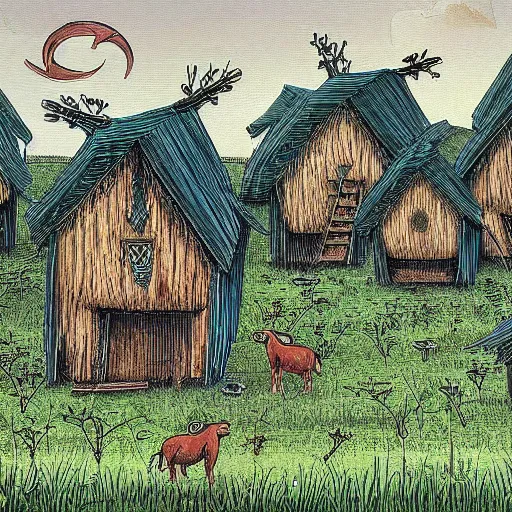 Image similar to A herd of baba yaga houses grazing in a field
