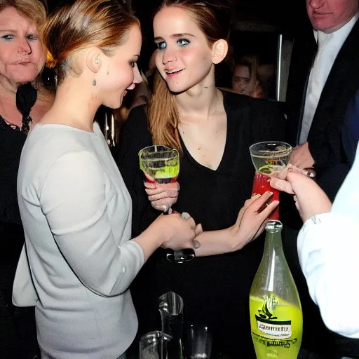 Image similar to Jennifer Lawrence drinking a pastis with Emma Watson