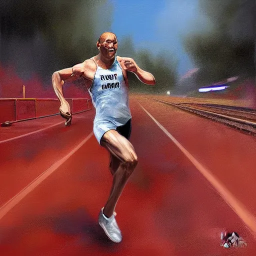 Prompt: cinematic painting of qwop!!!!!!!!!!!!!!!!! running down the track by stanley artgerm lau, kinetic, motion, athletic, running