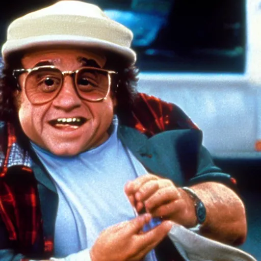 Prompt: A still of Danny Devito in Back to the Future (1985)