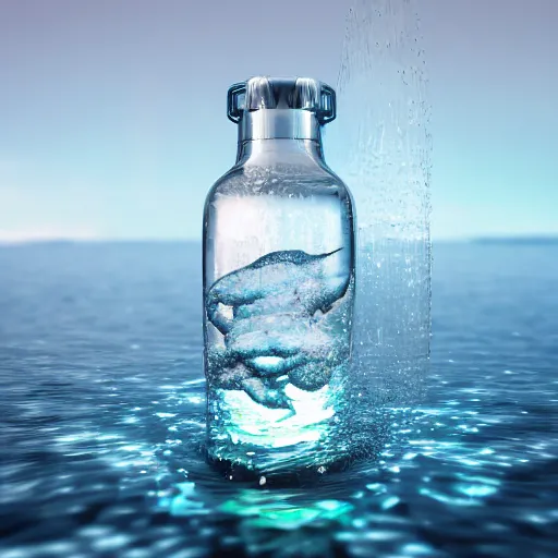 Image similar to a human head in a bottle, water art manipulation, on the ocean water, futuristic, glowing, hyper realistic, ray tracing, realistic water splashes, sharp focus, long shot, 8 k resolution, cinematic, photoshop art