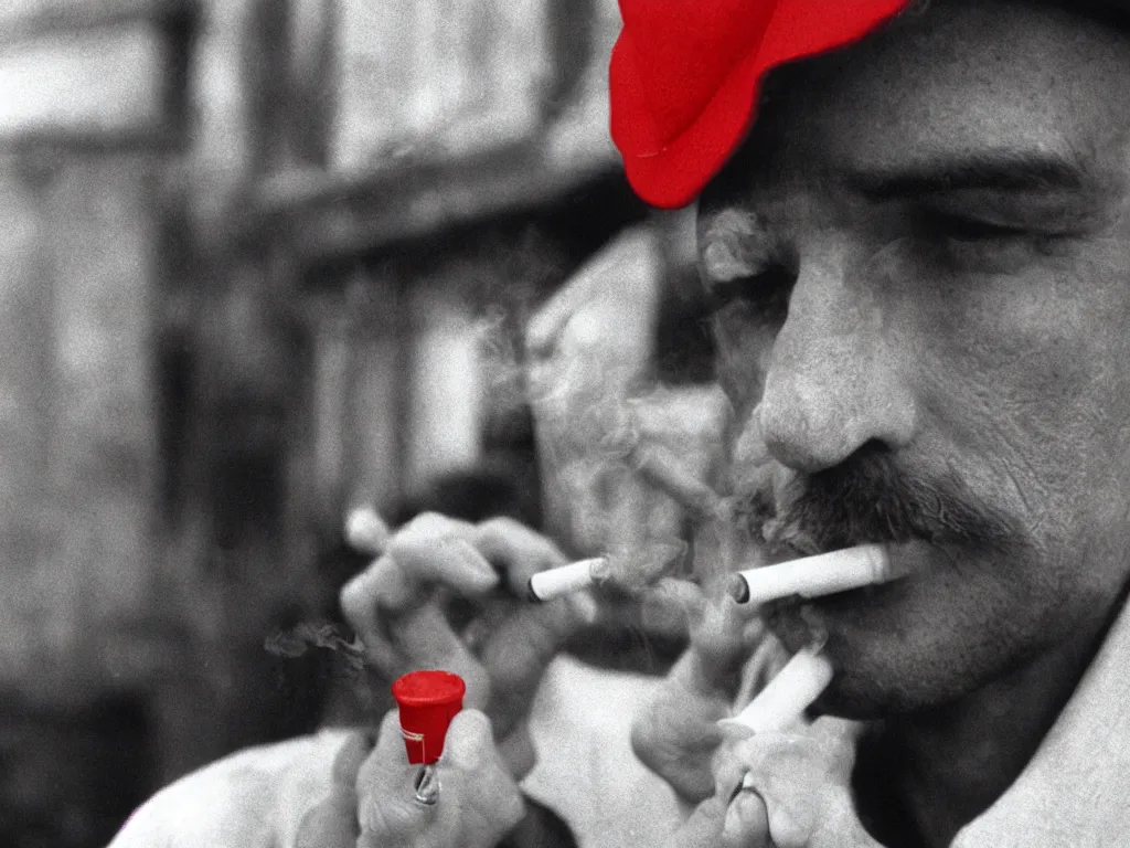 Prompt: Film Still close-up of one person, Mario in a red hat with an M smoking a cigarette in Hitchcock's Vertigo film aesthetic!!! color grain 35mm