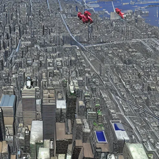 Prompt: highly detailed colossal pickles flying over new york city, there are guns on the outside of the pickles that are firing projectiles down upon the city, 4 k