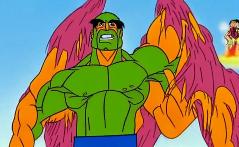 Prompt: a still of Hulk Hogan in a 90s cartoon,