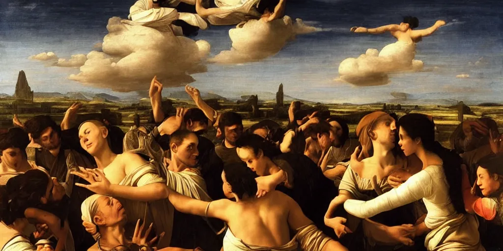 Prompt: beautiful oil matte portrait painting, people dancing among the clouds, flying in the sky, wonderful masterpiece highly detailed, beautiful cinematic light deep focus, elegant, digital painting, smooth, sharp focus, golden ratio, dramatic illumination, ultra realistic, 8 k, art by giovanni bellini and caravaggio