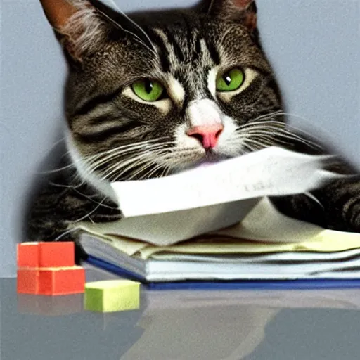 Prompt: a photorealistic image of a cat stressing about his taxes, award winning photograph