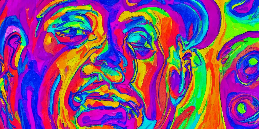 Image similar to a painting of a human head with a rainbow in the background, a pop art painting by Lisa Frank, shutterstock contest winner, psychedelic art, psychedelic, colorful, vivid colors