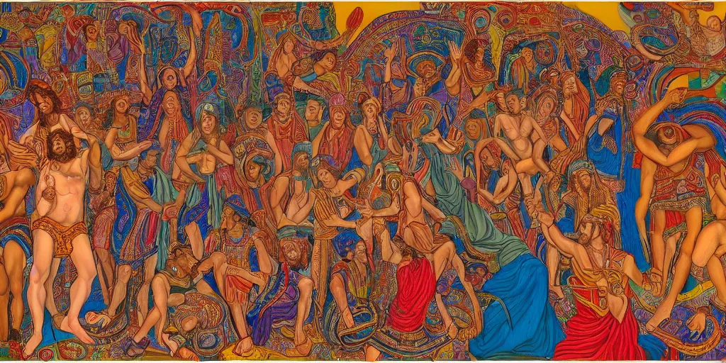 Image similar to an abstract spiritual background, a gay greek god dancing, clear eyes. 2 4 mm, photorealistic, muted color scheme, directed by mati klarwein