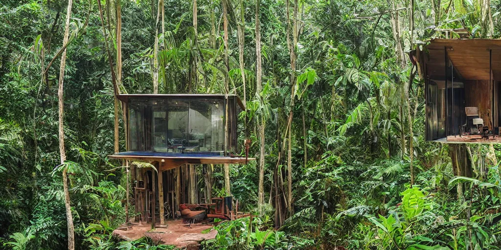 Image similar to a dream recording studio in the jungle by james gurney