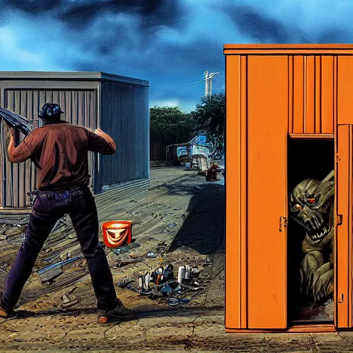 Image similar to a man hides behind a dumpster to reload while the demon in the alley coalesces : high quality high detail painting by david mattingly and larry elmore and richard corben, hd, realistic scene painting, photorealistic lighting, modern supernatural urban horror, street scene