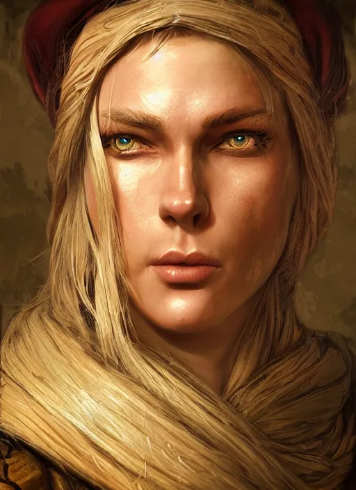 Image similar to blonde peasant woman, fantasy, medieval, vivid colors, fantasy, elegant, concept art, sharp focus, beautiful face!!, digital art, hyper - realistic, 4 k, unreal engine, highly detailed, hd, dramatic lighting by brom, trending on artstation