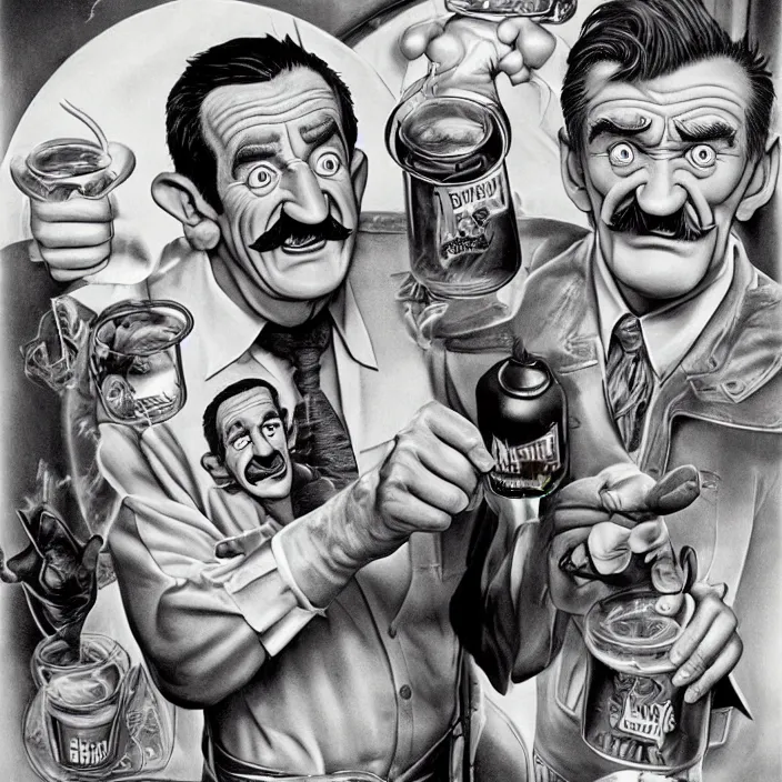 Image similar to promotional art for the movie'unless you hate bullruns ', barry chuckle preparing a batch of purple oil drink, hyperreal detailed facial features and uv lighting, art by ed roth and basil wolverton