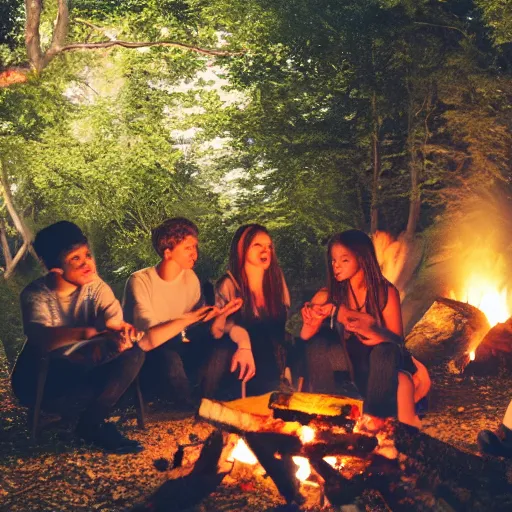 Image similar to group of teenagers sitting around a campfire, realistic, night