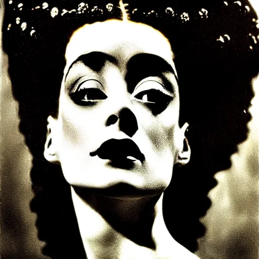 Image similar to a dramatic cinematic portrait photograph of bride of frankenstein influenced by gustav klimt.