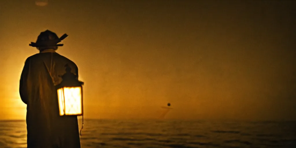 Image similar to film still of closeup old man holding up lantern by his beach hut at night. pirate ship in the ocean by emmanuel lubezki