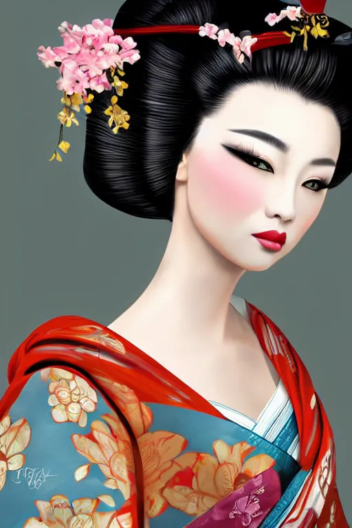 Prompt: beauty geisha , digital art, 8k ,character ,realistic, portrait, hyper realism