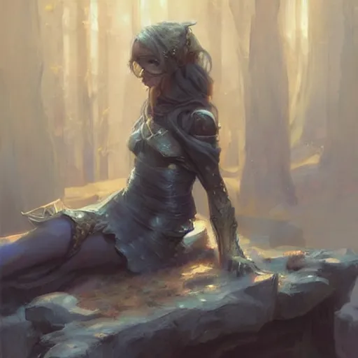Prompt: girl wearing fantasy armor sitting near a fireplace, official art, by charlie bowater, by jeremy lipking, fantasy art, anime inspired, detailed attractive girl, expressive oil painting