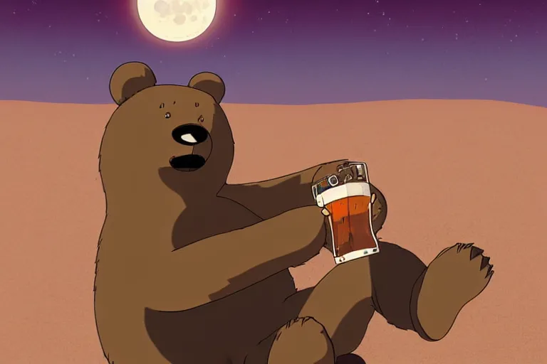 Image similar to a study of a cell shaded cartoon bear holding and drinking a beer on a desert road in front of a big moon, full body, wide shot, very muted colors, post grunge, studio ghibli, laurie greasley, highly detailed, deviantart, art by artgem