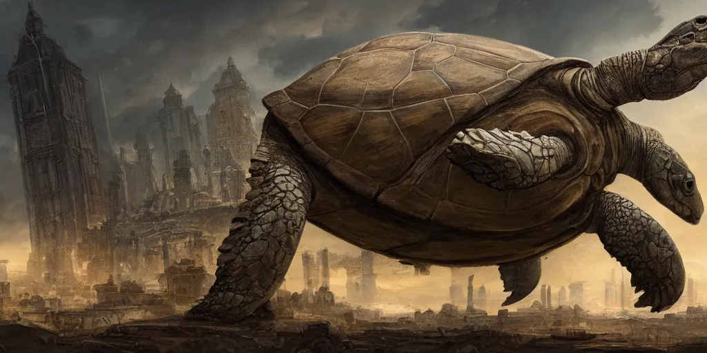 Prompt: huge ancient turtle with an abandoned city built on its shield, greg rutkowski, 8 k, shallow depth of field, intricate detail, concept art,