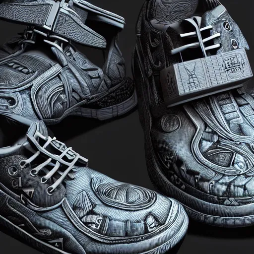 Prompt: extremely detailed realistic digital art render of a ciberpunk mayan sneakers by James Jean y craig mullins product shot view in studio render in unreal engine, ArtStation, CGSociety