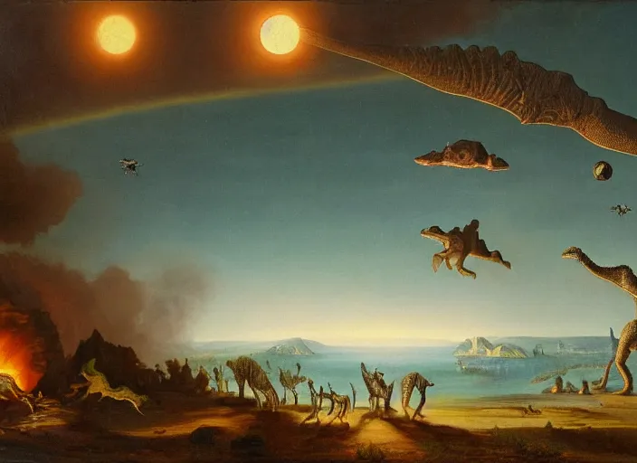 Image similar to earth during the cretaceous – paleogene extinction event, just as the asteroid is colliding with earth, dinosaurs from that era panicing and running in the far background, in the style of hudson river school of art, oil on canvas