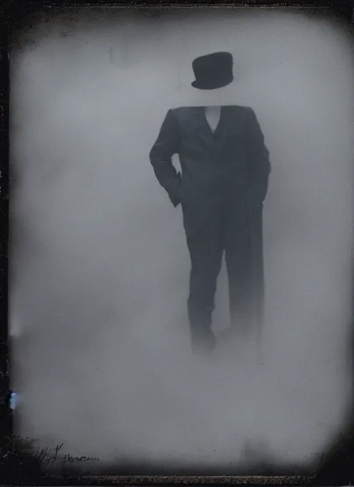 Image similar to mysterious man in suit and hat shrouded in smoke, in a big industrial city metropoli with a cloudy sky, polaroid artistic photo