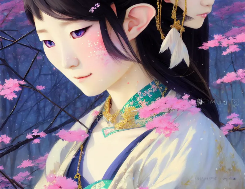 Image similar to a beautiful shibuya 1 0 9 female elf with haori and kimono decollete and jewelry | | snowy, realistic shaded, unpleasant face, channel, fasion, fine details, realistic shaded lighting poster by makoto shinkai, jeremy lipkin, michael garmash, magali villeneuve, artgerm, jeremy lipkin and michael garmash