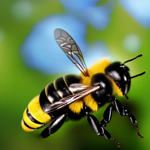 Image similar to macro shot of a robotic bee resting on a flower, global illumination