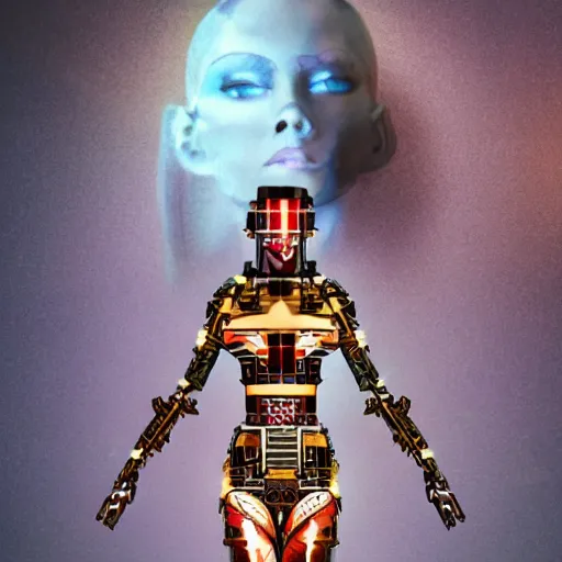 Image similar to full body portrait of the muscular Aztec Android Queen, by DC comics and Sandra Chevrier and beeple, artstation, volumetric lighting and fog, hyperrealism, hyper detailed futuristic royalty, award winning costume design, cybernetic bionic ancient cyborg, fashion show runway, futuristic fine textures, woven with electricity, high fashion superpowers, floating dust particles, bokeh, mystic haze, 4k UHD, HDR