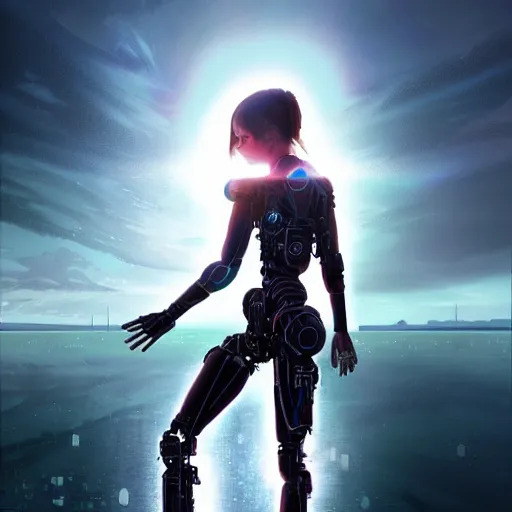 Image similar to emma watson as a beautiful cyborg - angel girl standing on a lake, rainfall, biomechanical details, digital cyberpunk anime art, full body shot, reflections, lens flare, wlop, ilya kuvshinov, artgerm, krenz cushart, greg rutkowski