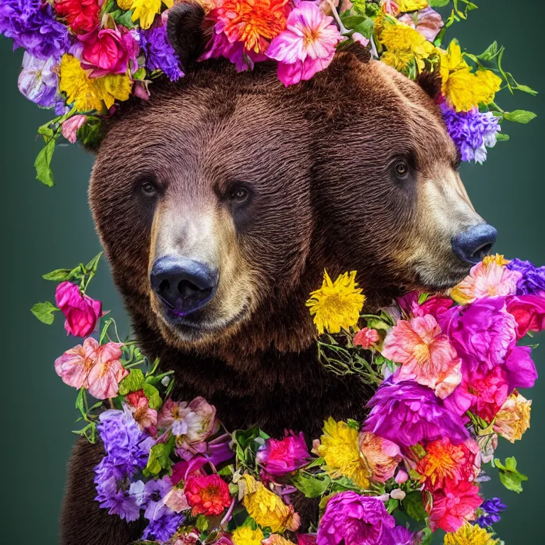 Prompt: bear with flowers on his head, beautiful and cute, long exposure, high quality, detailed, 8 k resolution, analytical art, art photography, colorful picture