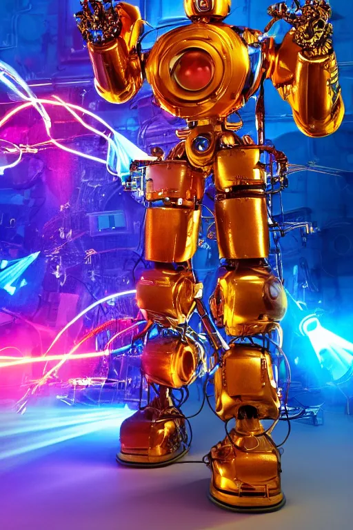 Image similar to portrait photo of a giant huge golden and blue metal humanoid steampunk robot singer with headphones and big gears and tubes, in front is a big red glowing microphone on a tripod, eyes are glowing red lightbulbs, shiny crisp finish, 3 d render, 8 k, insaneley detailed, fluorescent colors, background is multicolored lasershow