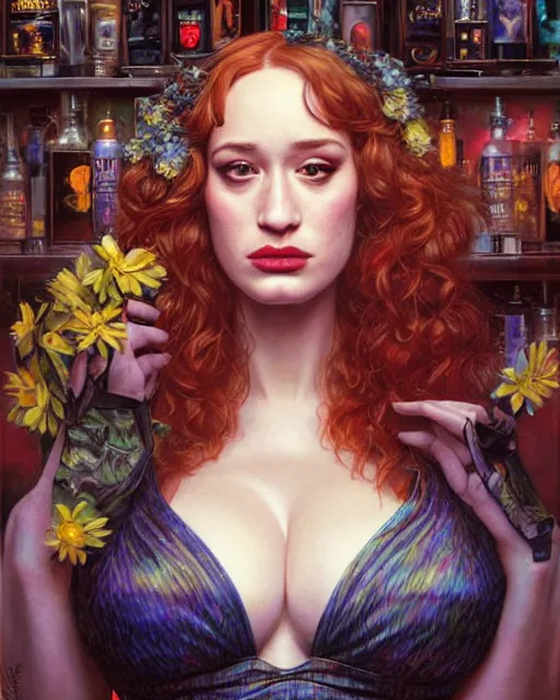 Image similar to sophisticated portrait of christina hendricks brie larson kat dennings, 1 9 8 0 s flower power hippy, very smoky cyberpunk paris bar, elegance, highly detailed, shallow depth of field, artstation, artgerm, donato giancola and joseph christian leyendecker