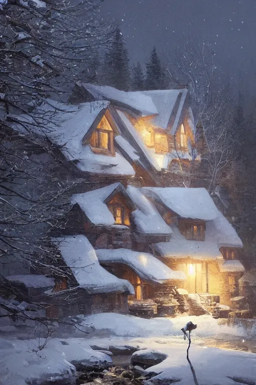 Prompt: snowy cozy home by a small river in a forrest in canadian mountains in the evening sun, by philippe gare, artstation, greg rutkowski