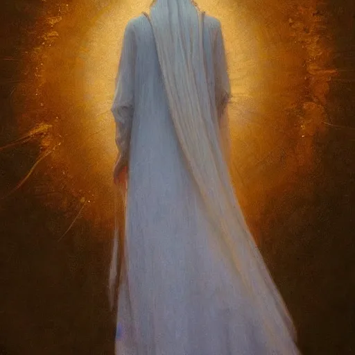 Prompt: a silhouette dressed with a shroud wears a golden human face, by jean delville and sophie anderson and mandy jurgens, golden ratio, perfect composition, elegant, no crop, extremely detailed, hd, masterpiece, artstation