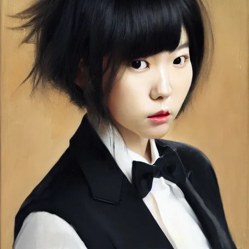 Image similar to portrait of a beautiful korean girl wearing a men's tuxedo, with long hair and bangs, angular features, angry expression, oil on canvas, elegant pose, masterpiece, Jonathan Yeo painting