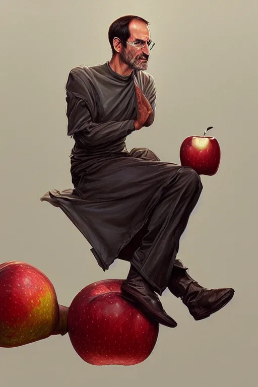 Image similar to ultra realistic illustration, steve jobs sitting on a giant apple, sci - fi, fantasy, intricate, elegant, highly detailed, digital painting, artstation, concept art, smooth, sharp focus, illustration, art by artgerm and greg rutkowski and alphonse mucha