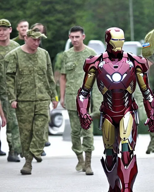 Image similar to vladimir putin wearing a military exoskeleton, iron man, ukraine