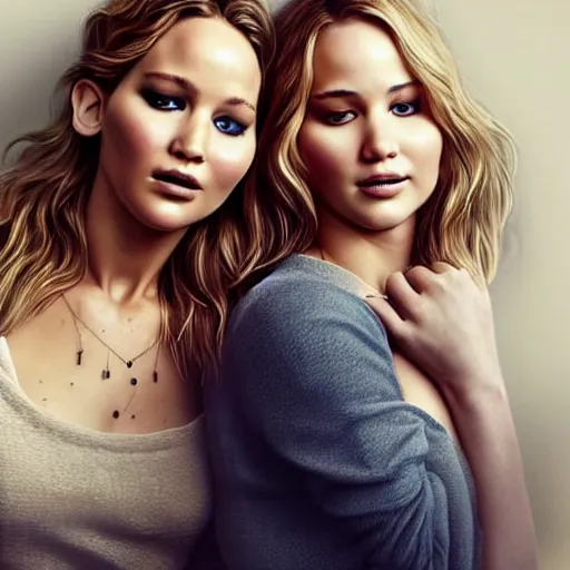 Prompt: beautiful serene intricate portrait of jennifer lawrence and jennifer lawrence, smiling softly, wearing casual clothes, chatting and laughing on the couch, interior lighting, peaceful living room interior, soft focus, 8 k, art by irakli nadar, hyperrealism, hyperdetailed, ultra realistic