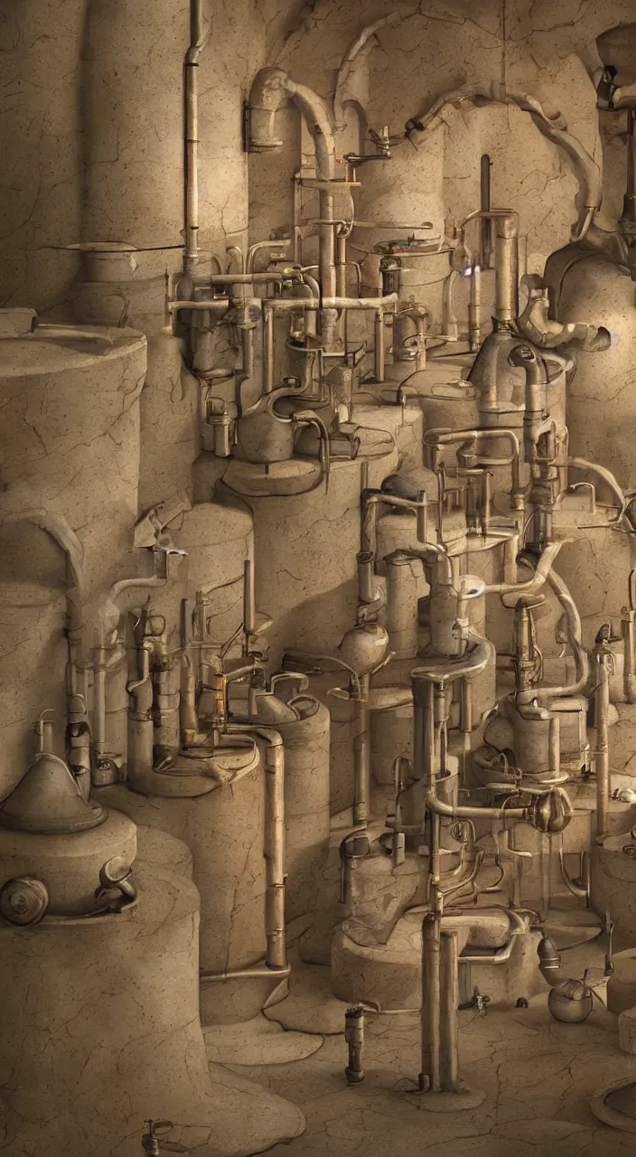 Prompt: an alchemical laboratory made from clay alembics distilling voices, vapour, air flow, clay, no humans, alchemical drawing, steam, larynx, oesophagus texture, 8 k, unreal, high resolution, vivid colours, romanesque, middle ages, futuristic, 3 d render