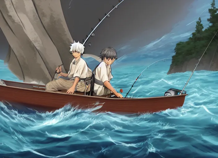 inexperienced boatman fishing on his boat, anime | Stable Diffusion
