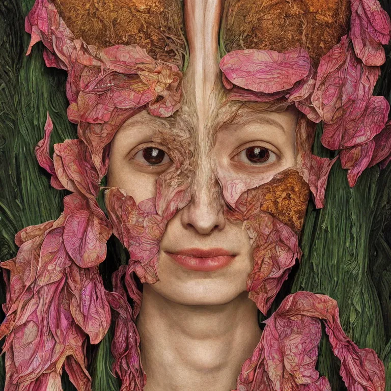 Prompt: a grinning girl with fish skin, plant patterns, her face looks like an orchid, she is the center of the garden, jan van eyck, ernst fuchs, egon schiele, trending on artstation, 8 k, award winning, facial symmetry, iris van herpen