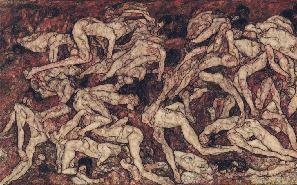 Prompt: a painting of a pile of bodies by egon schiele with influence of zdzisław beksinski, alfred kubin, oskar kokoschka, and egon schiele