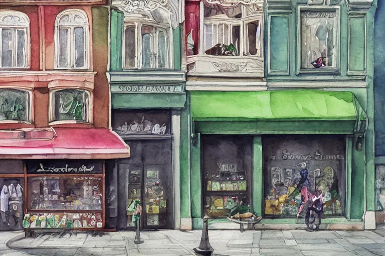 Image similar to watercolor artwork of sneaker store in russia : : green, art nouveau, trending on artstation