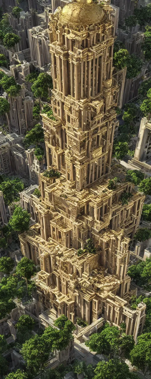 Image similar to photorealistic photo a contemporary babylon tower, golden intricate details, stone facade, sacred ancient architecture, lush hanging gardens, cascading highrise, arid mountains with lush palm forest, sunlight, post - production, octane, cgi, sfx