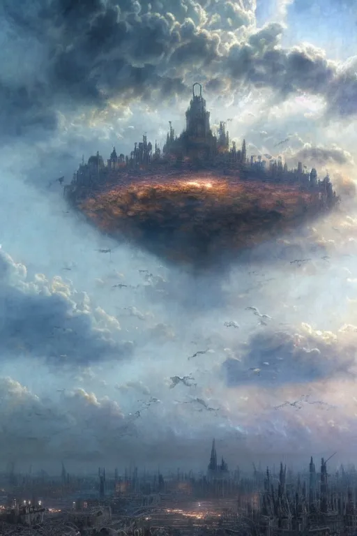 Image similar to a beautiful hyper realistic detailed matte painting of a city floating in the air, flying castle might, vivid color hues, looks like creativity by john howe, greg rutkowski, gustave dore, ferdinand knab, lush sky above a desolate apocalyptic plain, barometric projection, rectilinear, octane render, ellen jewett, beautiful surreal palatial pulsar at dawn