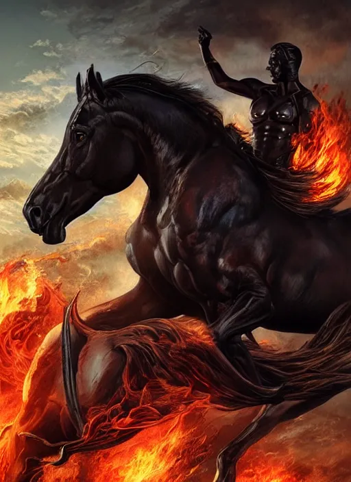 Image similar to the first horseman of the apocalypse riding a strong big black stallion, horse is running, the rider carries a the scales of justice, flames from the ground, artwork by artgerm and rutkowski, breathtaking, dramatic, full view