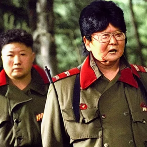 Prompt: a still of Kim Jong-il as John Rambo in Rambo First blood, red sweatband