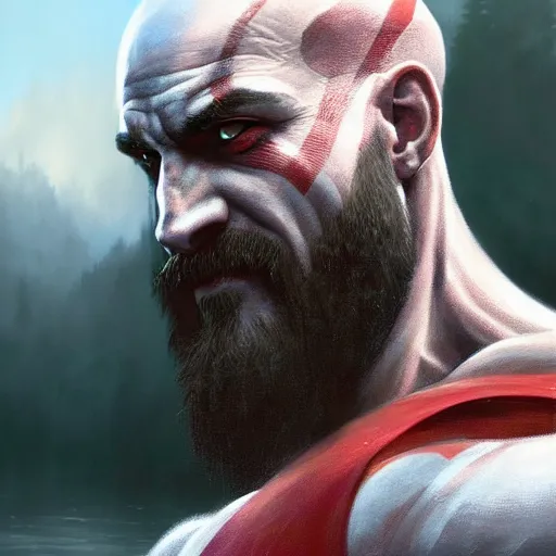 Prompt: kratos closeup portrait, dramatic light, lake background, 2 0 0 mm focal length, painted by stanley lau, painted by greg rutkowski, painted by stanley artgerm, digital art, trending on artstation