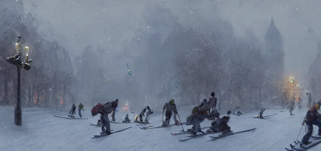 Prompt: famous photo of the blizzard in oslo, people skiing, hyper detailed, 8k, james gurney, greg rutkowski, john howe, artstationf